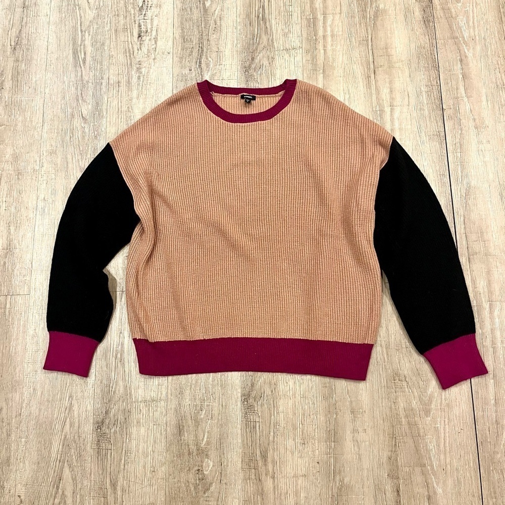Express Oversized Color Block Sweater Medium Tan Pink Raspberry Black - Picture 4 of 13